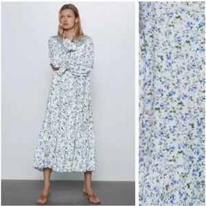 Zara Blogger Fave Printed Rustic Smocked High Neck Floral Midi Dress Cottage G66